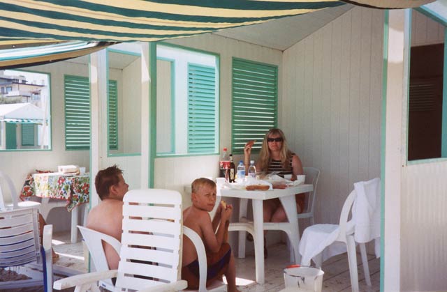 Lunch in the cabana on the Lido, Venice, Italy